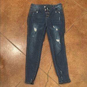 Blue Skinny Jeans with Distressing and Ankle Zippers